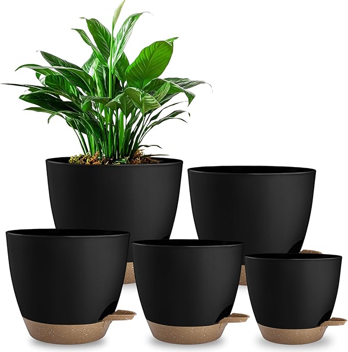 Hylitong Plant Pots 8/7.5/7/6.5/6 Inch Self Watering Pots,5 Pack Planters with Drainage Holes and Saucers,Plastic Flower Pots,Nursery Planters for Indoor Outdoor Plants (Black)