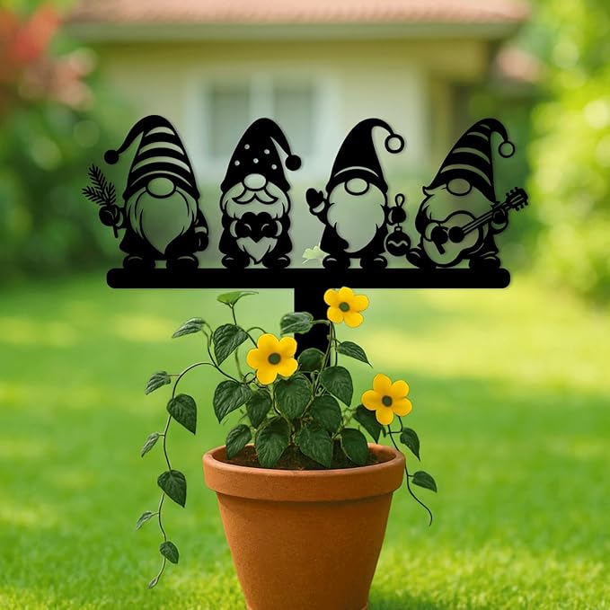 Magilab Personalized Iron Yard Stake - Christmas Cute Gnome Dwarves Decor, 8-Inch Black Metal Garden Sign for Outdoor (Style R)