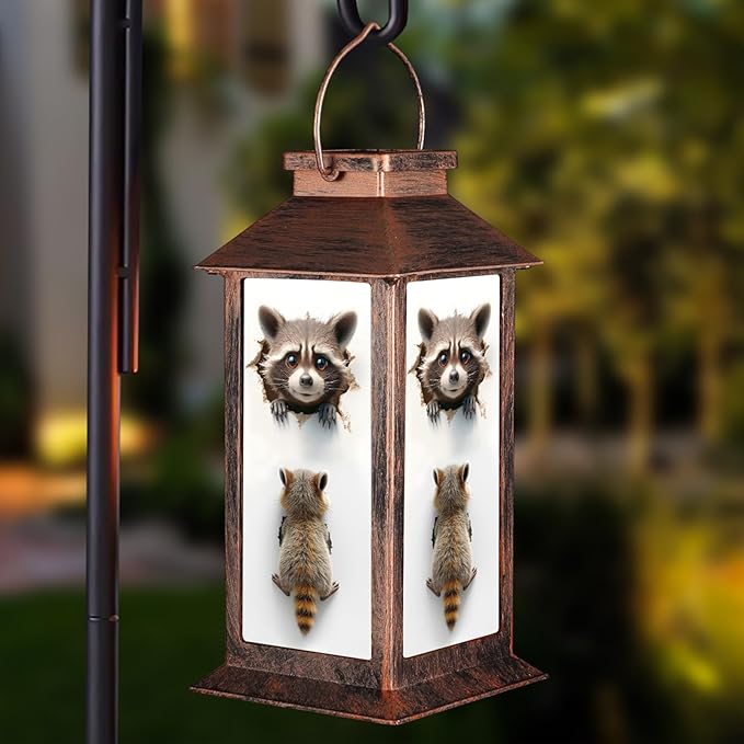 Pawatee Solar Hanging Lanterns, Bronze, Raccoon Style, 3 LED, Waterproof, Ideal for Garden, Patio, Lawn, and Porch