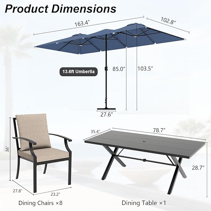 10-Pieces Patio Conversation Set,Metal Outdoor Furniture Set Includes 13.6FT Navy Umbrella,Hole Cut-Out 78.7" x 35.4" Table and 8 Metal Backrest Chairs for Backyard,Garden,Sand