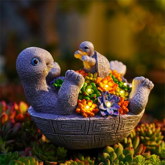 Solar Turtle Figurines Garden Decor, Cute Turtle Statue with Baby with 7 LED Solar Lights Garden Lawn Decorations for Patio & Yard, Gifts for Mom, Gery