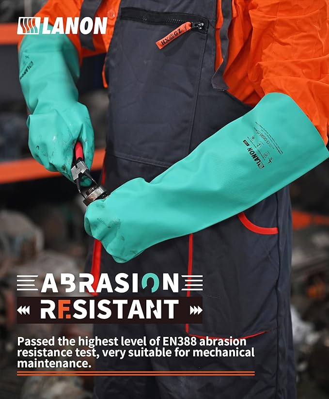 LANON Nitrile Chemical Resistant Gloves, Reusable Heavy Duty Safety Work Gloves, Acid, Alkali and Oil Protection, 18" Length, Non-Slip, Large