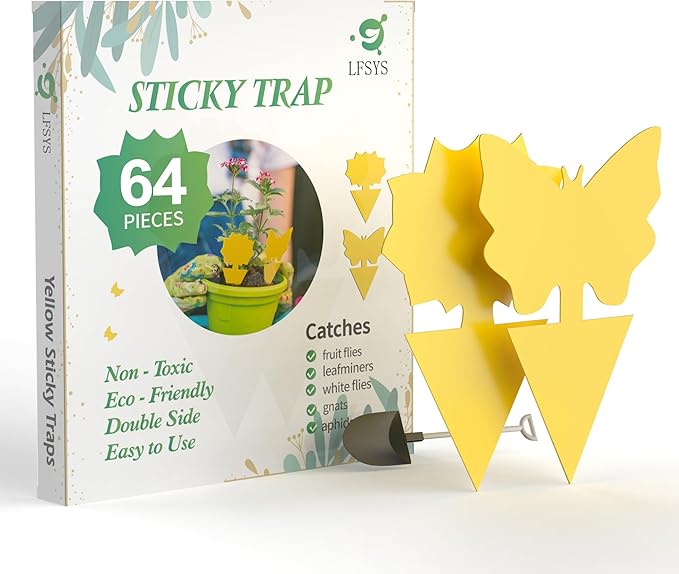 LFSYS 64 Pcs Sticky Trapz for gnat, Yellow Stick Traps for Plants, Fungus gnat Traps Double Side with Shovel, Indoor Safe for Gnat, Fruit Fly, White Fly, Aphid, Leaf Miner