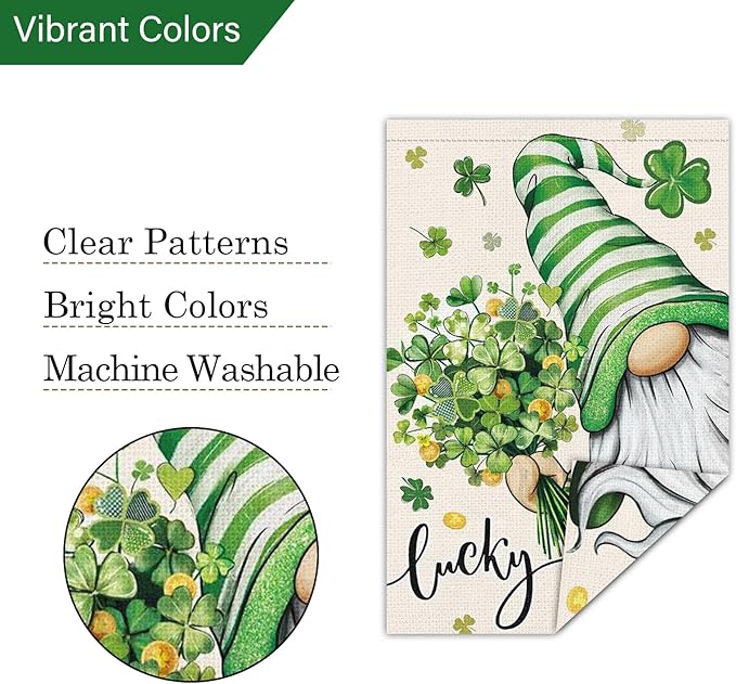 Louise Maelys St Patrick's Garden Flag Gnome Lucky Shamrock Clover 12x18 Inch Double Sided Floral Small Burlap Welcome Saint Patricks Spring Holiday Yard Sign Outside House Decor