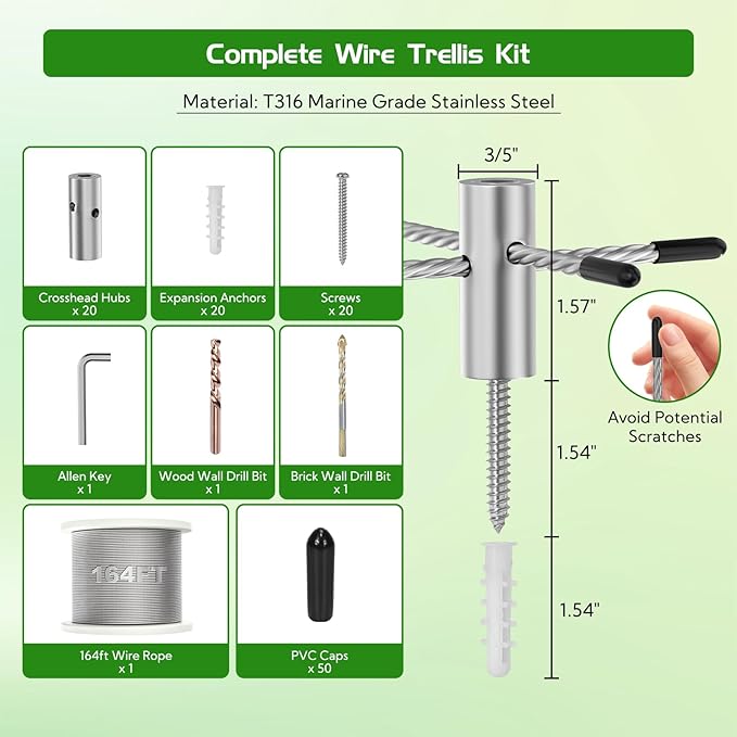 PLANTOP Wire Trellis for Climbing Plants Outdoor, 20 Set Wall Trellis Kit with 1/8" x 164ft Stainless Steel Cable, T316 Cylindrical Espalier System Cable Trellis Kit for Green Wall Fence DIY Projects