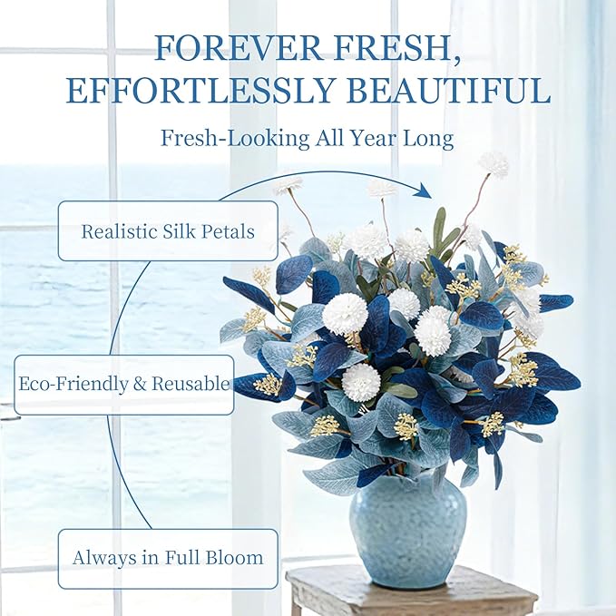 Fake Flowers for Vase, 15 pcs Faux Silk Pompom Mum Artificial Flowers with Eucalyptus Stems, Mini Floral Long Stem Arrangements for Home Decor, Wedding, Table Centerpieces DIY Floral Designs