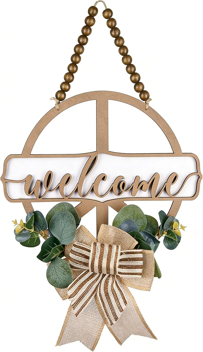 12 Inch Round 3D Welcome Door Sign, 0.4" Thick Solid Wood Front Door Welcome Sign with Artificial Greenery, Buffalo Plaid Bow & Rustic Beads, Farmhouse Porch Home Décor, Hanging Welcome Home Sign
