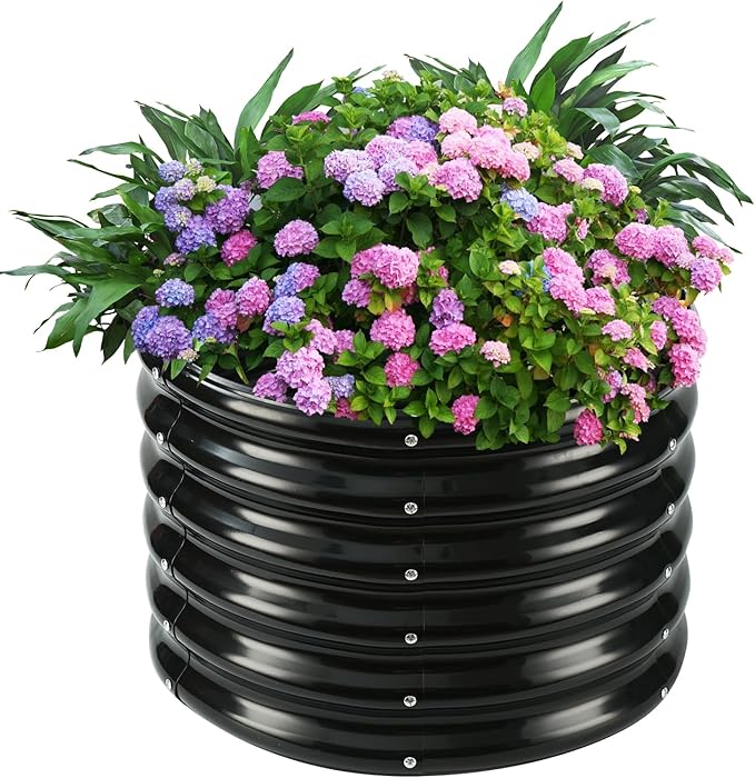 17" Tall Round Outdoor Garden Raised Garden Bed Kits-0.8MM Thick Metal Raised Planter Bed/Ground Planter Box for Variety of Flowers,Herbs,Vegetables,Trees (Black, 24 Dia X 16.5 inches)