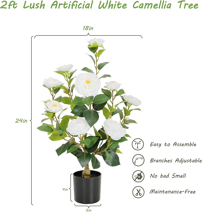 Nafresh 2FT Lush Artificial White Camellia Tree Outdoor 2 Pack, 24inch Faux Camellia Plant, Fake Camellia Flowers Tree for Indoor Outdoor Living Room Home Patio Front Door Garden Decor