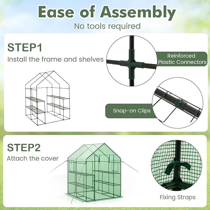 Happygrill Greenhouse for Outdoors, Portable Green House w/8 Shelves, Roll-Up Zippered Door, 2 Observation Windows & 2 Tiers, PE Cover, Wind Rope, Walk-in Greenhouse for Outside, 57”L x 57”W x 77”H
