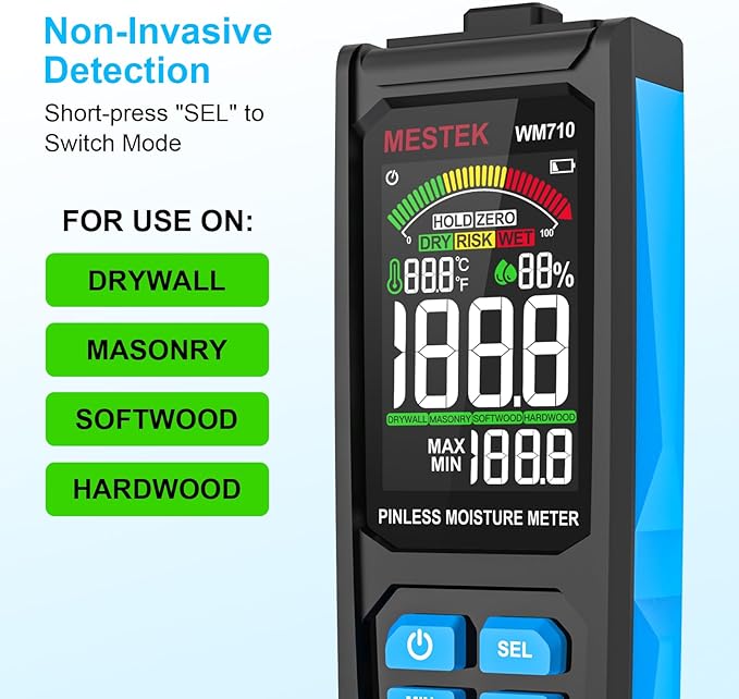 MESTEK Pinless Wood Moisture Meters for Drywall, Water Leak Detector, Wall Moisture Tester for Lumber Concrete Building, Wall Moisture Sensor Digital Humidity Tester for Firewood