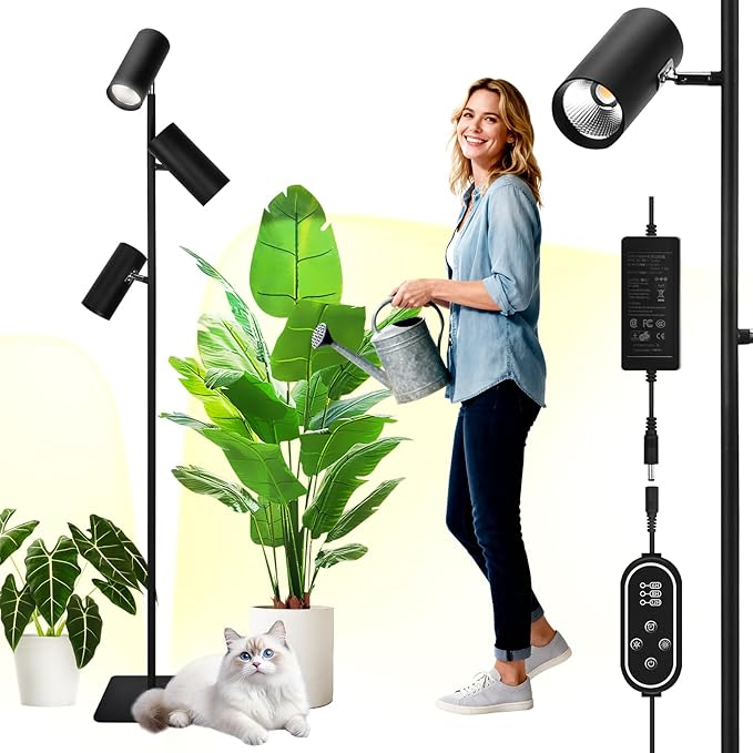 90W Dimmable Grow Light, Full Spectrum COB LED Triple-Head Floor Lamp with High PPFD&CRI, 6/8/12H Timer, Adjustable Height (43"-83") & Angle – Standing Grow Lights for Indoor Plants (4000K warm white)