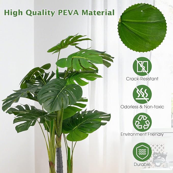 GOFLAME 4ft Artificial Monstera Deliciosa Plant, Faux Tree in Pot with 20 Large Leaves, 3 Trunks & Realistic Moss, Swiss Cheese Plant, Tropical Monstera Palm Tree for Home Office Garden Decor