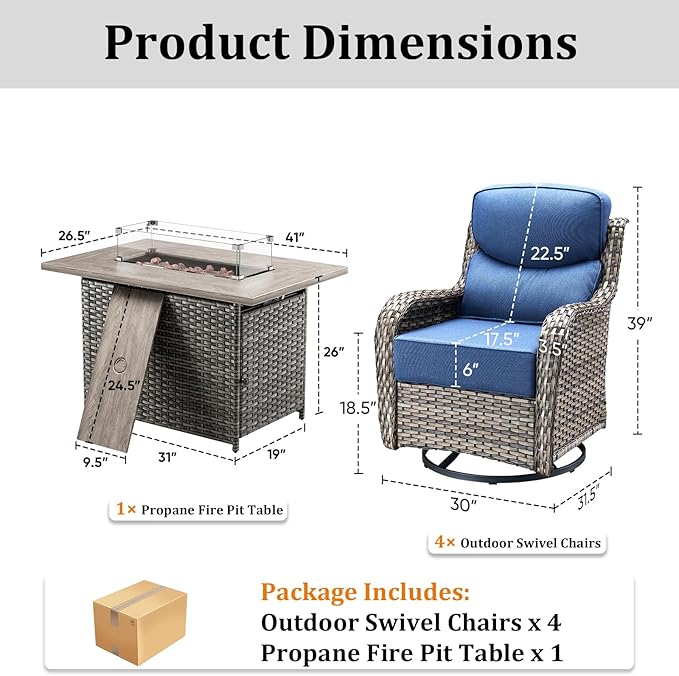 Luxury High Back Patio Furniture Set with Fire Pit Table and 6-Inch Thick Cushions, 5-Pieces Outdoor Furniture 4 Swivel Chairs, Wicker Conversation Set for Porch, Balcony, Deck and Yard, Grey/Blue