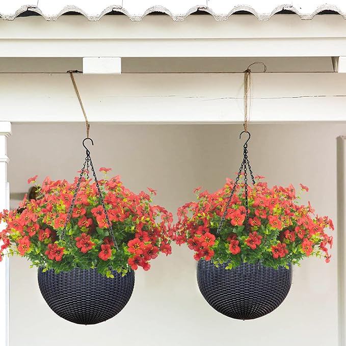 Grunyia 10 Bundles Artificial Flowers Outdoor UV Resistant Fake Flowers No Fade Faux Plants Garden Porch Window Box Decorating (Red)