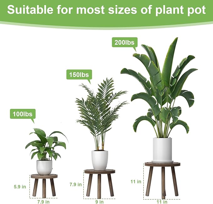 Vecxoty 3-Pack Wood Plant Stands Indoor, Single Plant Stand for 6-12 Inch Pots, Mid-Century Modern Plant Stool, Tall Plant Stand for Large Plants Perfect Fit for Living Room, Balcony, Office