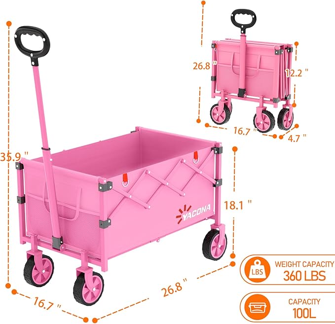 Wagons Carts Foldable, Lightweight Portable Utility Shopping Cart with Wheels, Folding Grocery Wagon Cart for Grocery, Camping, Shopping, Beach, Garden, Sports Pink