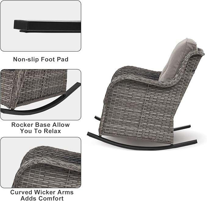 Rilyson Patio Chairs Outdoor Rocking Chair - 2 Piece Wicker Rattan Rocker Chairs Set with High Back and Deep Seating for Porch Deck Garden Backyard(Mixed Grey/Grey)
