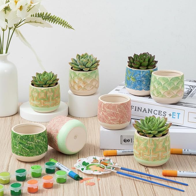 Zubebe 12 Pcs Paint Your Own Ceramic Pots Bulk Unfinished Embossed Succulent Pots Craft Kit with Drainage Hole Mini Paintable Plant Vase Ready to Paint Planter for Cactus DIY Craft