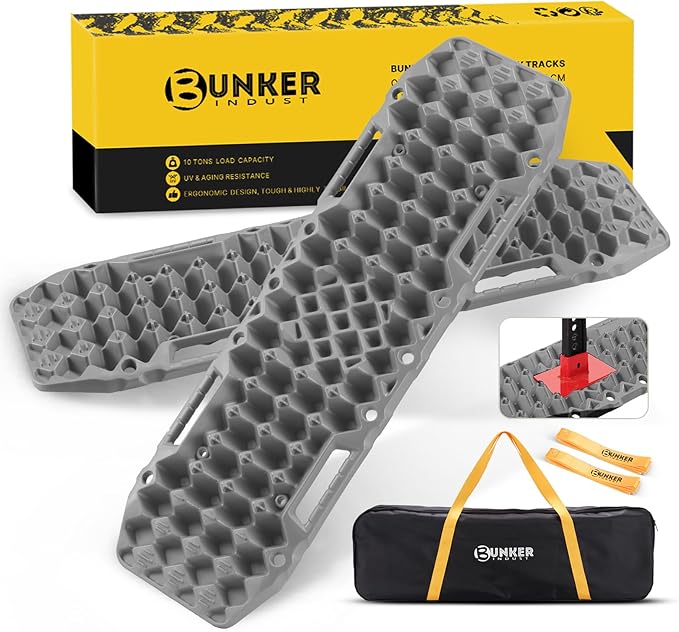 BUNKER INDUST Off-road Traction Boards with Jack Base,Pair Recovery Track 4X4 Jeep Truck Emergency Tire Traction Mat with Bag -Sand, Mud, Snow Tracks Grey Traction Pad (Gen 7th)