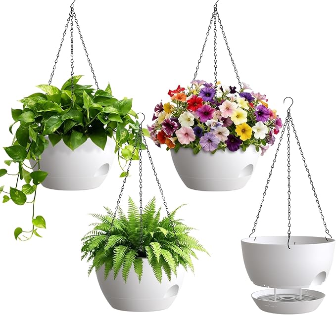 UOUZ 4 Pack 8 Inch Self Watering Hanging Planters for Indoor Outdoor Plants，Hanging Pots for Plants with Drainage Removable Tray, Hanging Baskets Flower Pots for Ivy Pothos Spider Garden Porch White