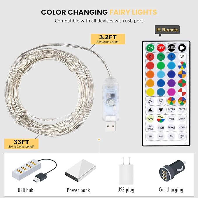 Fairy Lights USB Plug in 33ft 100LEDs with Remote, Warm White 20 Color Changing Light Twinkle Firefly String Lights for Bedroom Party Wedding Christmas Tapestry, Multicolor Colors