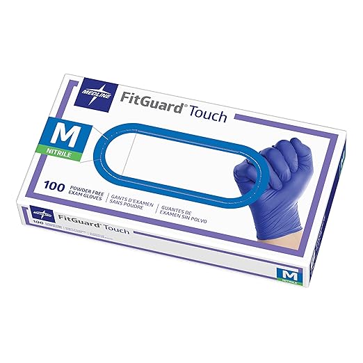 Medline FitGuard Touch Nitrile Exam Gloves, 100 Count, Medium, Powder Free, Disposable, Not Made with Natural Rubber Latex, for Medical Tasks, Durable for Household Chores
