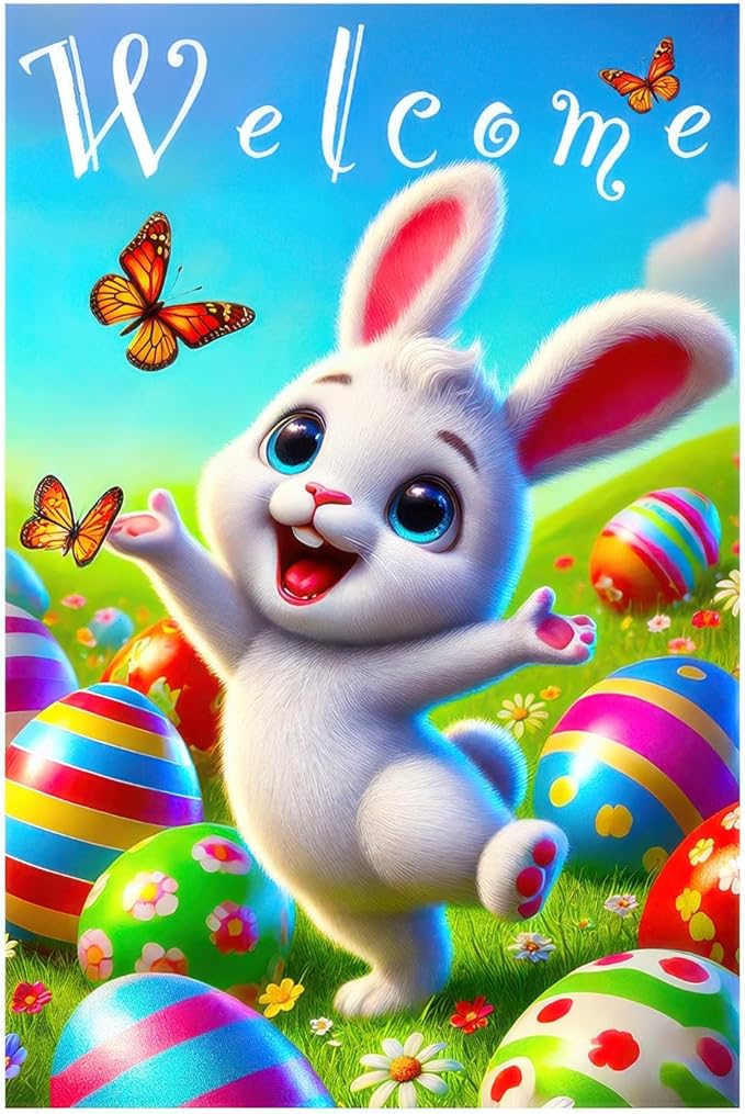 Happy Easter Garden Flag 12x18 Inch Double Sided Welcome Bunny Easter Egg Design Small Outdoor Yard Flag Cute Spring Easter Banner for Porch Lawn Patio Garden Decor