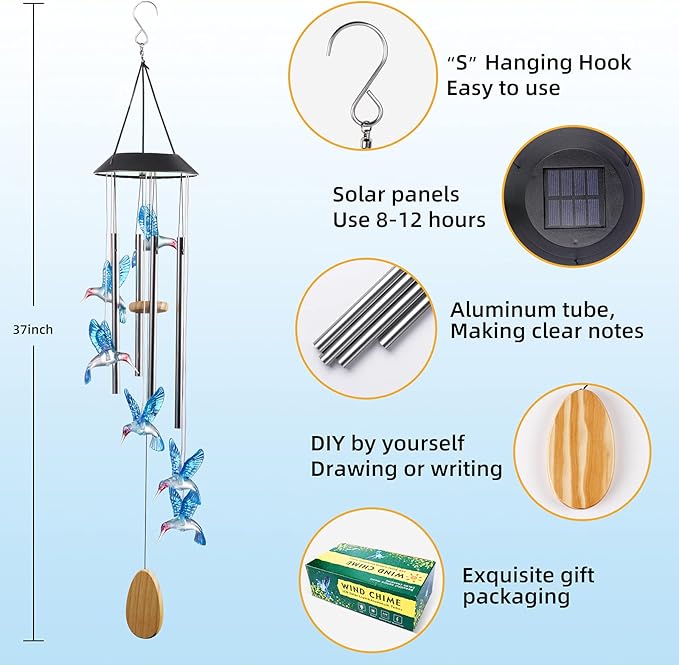 DesGully Wind Chimes,Hummingbird Solar Wind Chimes for Outside Color Changing,4 Aluminum Tubes Wind Bell for Garden/Patio Decor Thanksgiving Gifts for Mom, Wife, Grandma Neighbors(25 Inch Deep Tone)