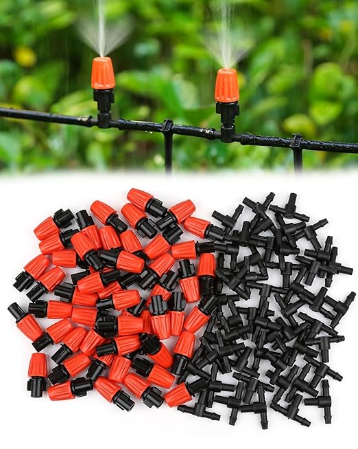 50pcs Garden Irrigation Spray Emitter, Adjustable 360 Degree Flow Micro Spray Nozzle with 1/4" Barbed Tee Fittings,Drip Irrigation Head for Garden Watering System,Drip Irrigation Kit Parts
