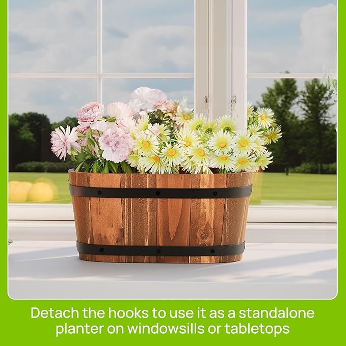 Wooden Hanging Planter for Railing Fence Outdoor Planter Railing Planter Boxes for Plants Wall Planters Window Flower Box Hanging Bucket Pots Countryside Plant Holder (Brown,2pcs,Small)