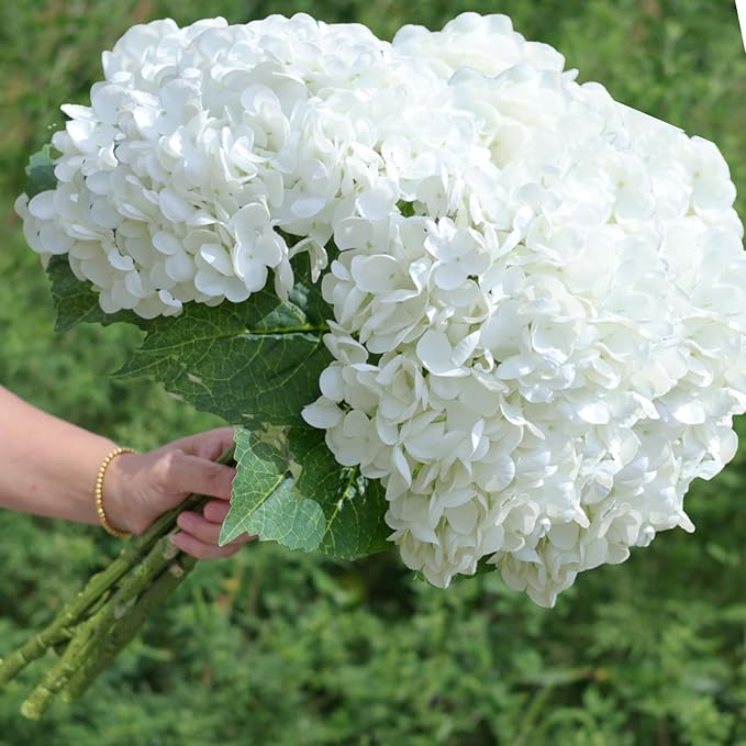 White Hydrangea Artificial Flowers - High-End 22.5cm Oversized Heads (4pcs) | Real-Touch Design | Perfect for Christmas, Weddings, Home Decor, Parties & Outdoor Use（White）