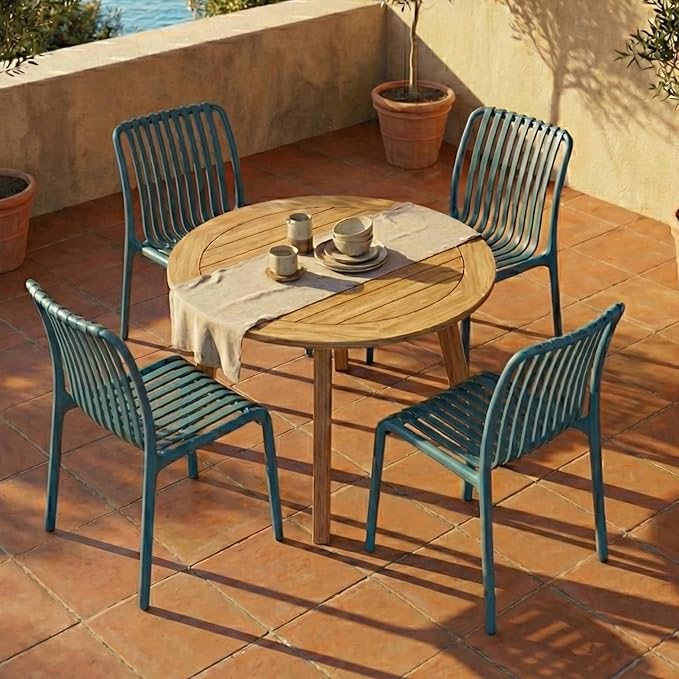 4 x Outdoor Stackable Dining Chair, All-Weather Plastic Patio Chair, Pool Side Chair, Modern Slatted Design for Balcony, Garden, Backyard, Indoor & Outdoor Use (Armless, Teal Blue)