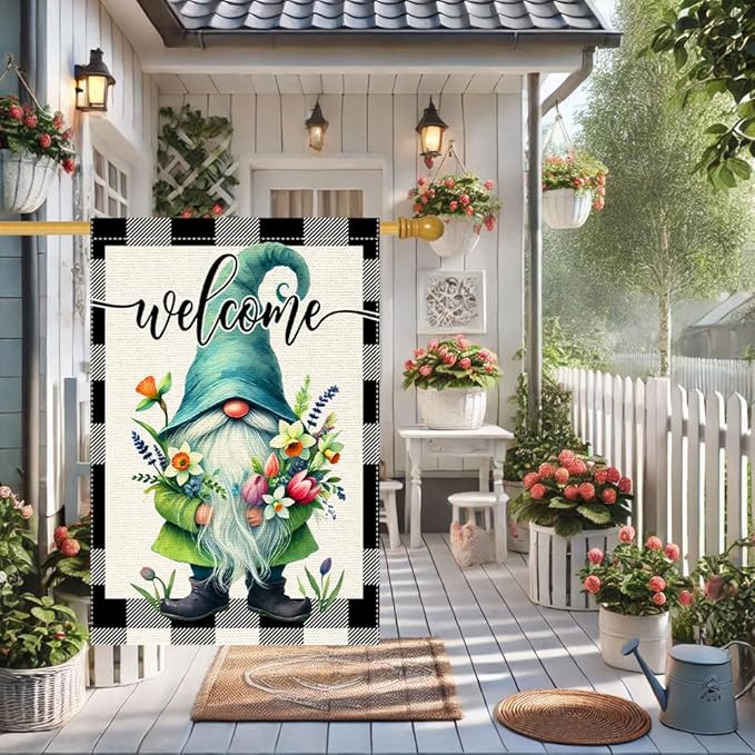 Welcome Spring Summer Gnome Garden Flag Colorful Floral Buffalo Plaid Garden Flags Small Burlap Lawn Seasonal Wildflowers Home Flags Outside Yard 28x40 Inch Double Sided (RMQ-198D, 28"X40")