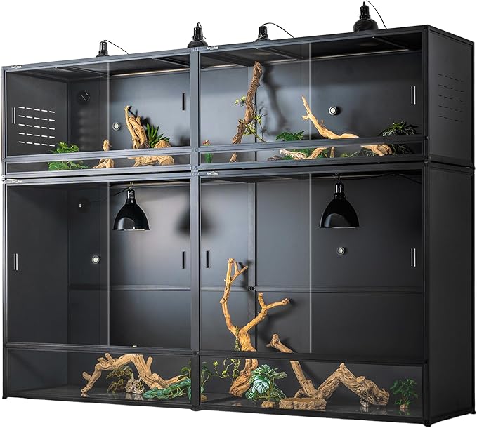 ToxiRium Reptile Tank 4-Pack Connectable Kit, 48"x24"x46" and 48"x24"x24" PVC Enclosures, Extra Large & Tall Stackable Terrariums for Bearded Dragon & Ball Python with Front Glass Doors & Locks
