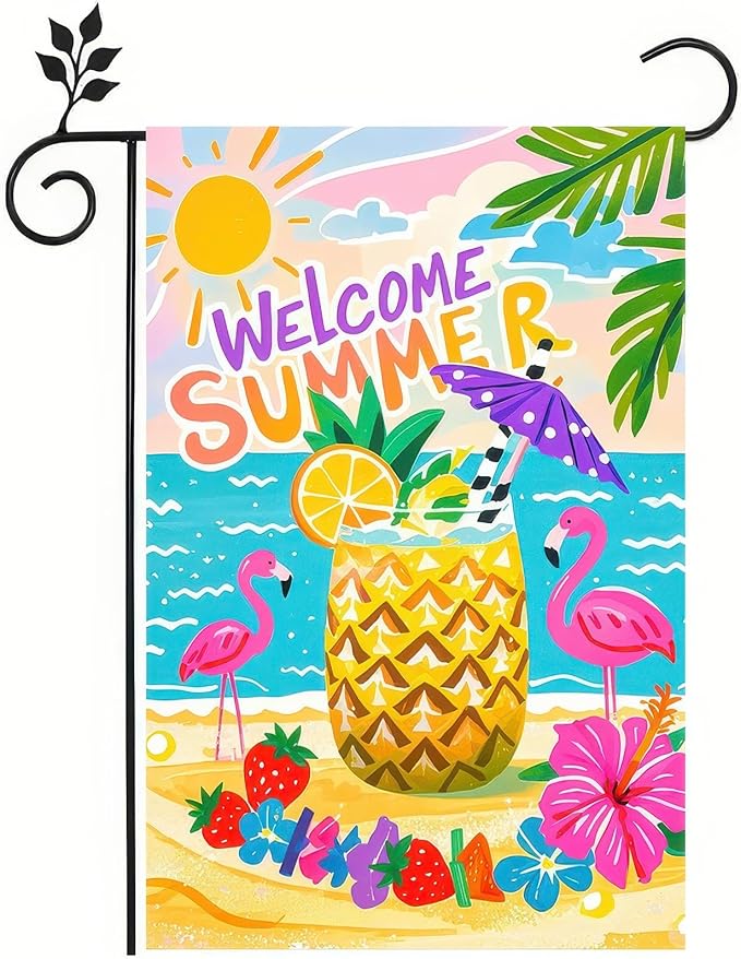 Welcome Summer Garden Flag 12x18 Double Sided Flamingo Sunshine Hawaii Tropical Beach Holiday Garden Flags Welcome Summer Tropical Ocean Sea Yard Flag for Seasonal Outdoor Party Decoration