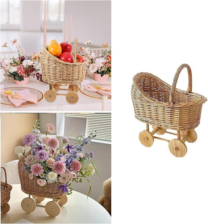 Handmade Wicker Flower Basket Woven Rattan Pushcart Planter Small Stroller Design Fruit Gift Box with Handle for Wedding Baby Shower Centerpiece Candy Storage Home Decor (M)