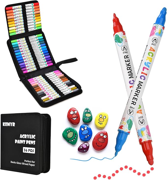 KEMYR 36 Colors Acrylic Paint Pens, Dual Tip Acrylic Paint Markers for Paper, Wood, Canvas, Stone, Rock Painting, Glass, Fabric, DIY, Ceramic, Art Supplies for Adults Drawing (Dot + Fine)