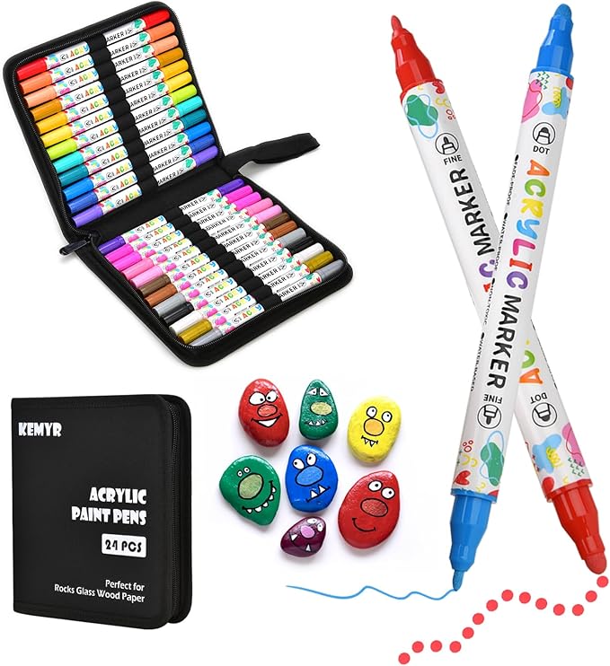 KEMYR 24 Colors Acrylic Paint Pens, Dual Tip Acrylic Paint Markers for Paper, Wood, Canvas, Stone, Rock Painting, Glass, Fabric, DIY, Ceramic, Art Supplies for Adults Drawing (Dot + Fine)