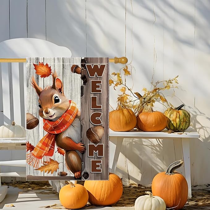 Welcome Fall Garden Flag 28x40inch The Nut Squirrel Fall Autumn Thanksgiving Garden Flags Yard Porch House Flag Double-Side For Home Outdoor Yard Patio Lawn Decor, Garden Decorations (RMQ-718D, 28"X40")