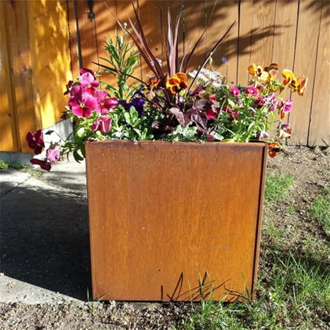 GZGNEEVL Corten Steel Planter Box Metal Outdoor Planter Large Square Cube Rustic Planter Pot Durable Antique Detached for Commercial Residential Tall Plant Patio Deck and Backyard 32 Inch