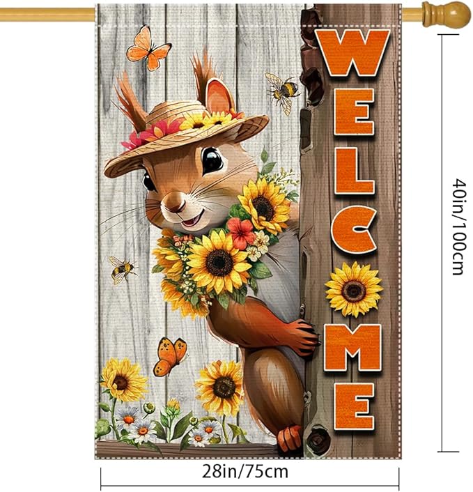 Welcome Garden Flag Vertical Double-Side Small Burlap sunflower Spring Summer Squirrel Garden Flags Yard Porch Outdoor Patio Lawn Decor Flags Decorations (RMQ-480D, 28"X40")
