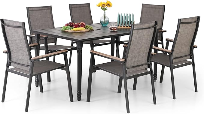 PHI VILLA Outdoor Stackable Chairs, Patio Chairs Set of 2, Light Weight Aluminum Frame with Textilene Fabric & Wood Armrest, High Back Deck Chairs for Poolside Lawn Garden, Blue
