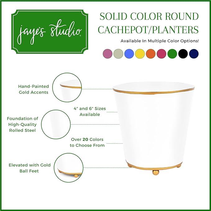 Jaye's Studio Mattie White, Decorative Round Cachepot & Planter, Matte White, Gold Trim & Finish, Hand-Painted, Handcrafted Metal, Luxury Indoor Planter, Size 4"