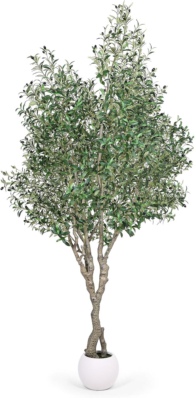 Jocoevol Artificial Olive Tree 8FT, Indoor Fake Silk Plant with Realistic Trunk, Leaves, Fruits and White Planter, Faux Potted Tree for Home Decor and Housewarming Gift, 1 Pack