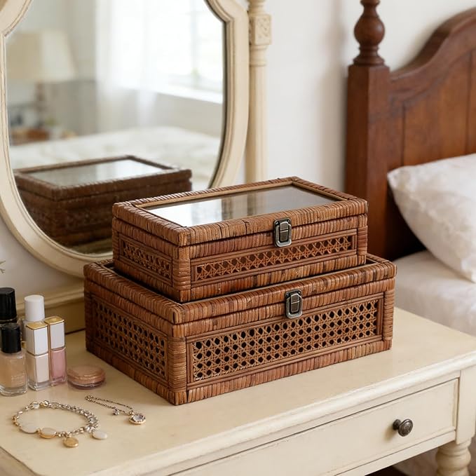 Rattan and Cane Stacking Boxes with Glass Top Lid - Set of 2 11.8" and 14.1", for Boho and Rustic Farmhouse Decor, Brown