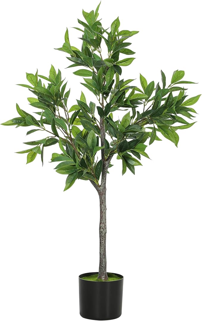 HOMCOM Lifelike Artificial Laurel Tree, 3FT Fake Tree with 345 PEVA Leaves and Flocked Soil, Potted Fake Plant for Home or Office Decor, Green