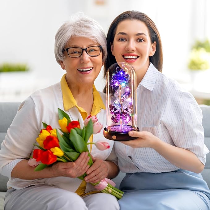 Valentines Day Rose Gifts for Her Birthday Gift for Women Rechargeable Galaxy Glass Rose in Glass Dome Crystal Roses Flowers Butterfly Valentine Gifts for Women Daughter Mom Wife Girlfriend Purple