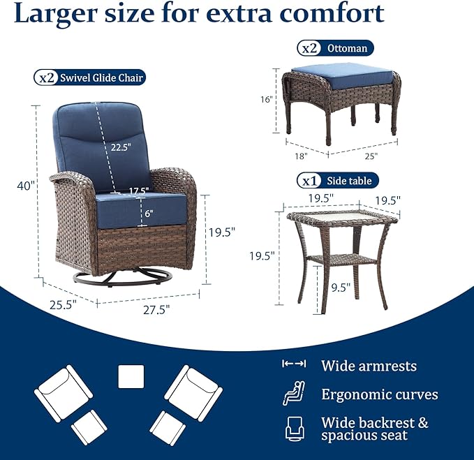 Outdoor Swivel Rocking Chair Patio Set (5-Piece), High-Back - Thick Cushion Swivel Rocking Chair Patio Set, All-Weather Wicker Patio Furniture Set, Suitable for Balcony Patios, Brown/Blue