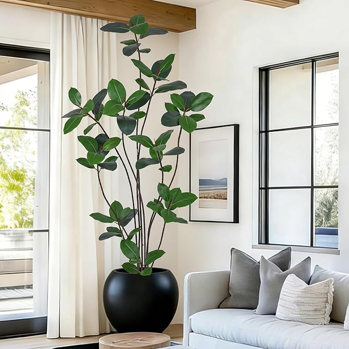 7FT Artificial Green Rubber Tree - 84" Faux Trees Indoor with 68 Lifelike Vivid Leaves and 10Heads, Tall Fake Potted Plant for Home Office Living Room Decor Housewarming Gift